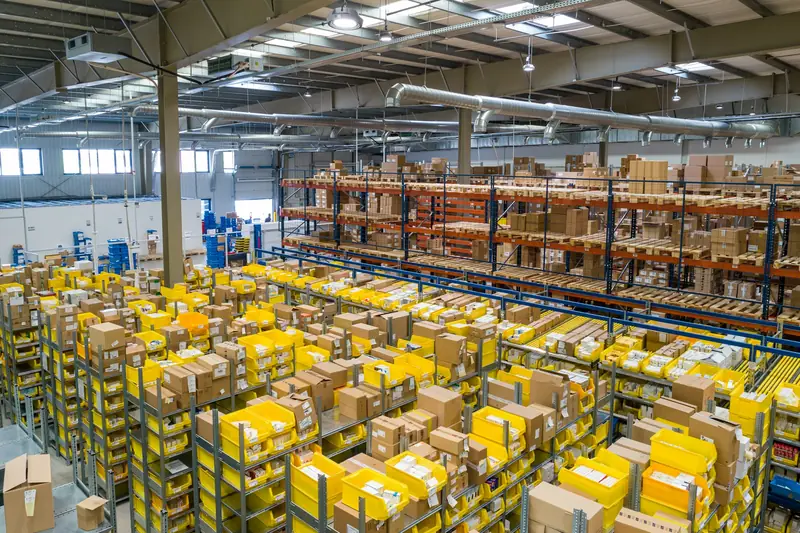 Palletized freight staged inside a large distribution warehouse