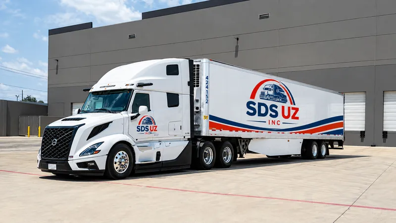A white SDS UZ semi-truck and branded trailer parked at a warehouse loading dock